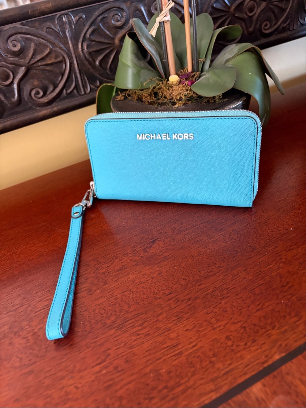 Michael Kors Turquoise Zip Around Wallet Wristlet